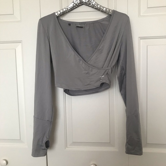 Gymshark Tops - Gymshark Gray Wrap Long Sleeve Crop Top L